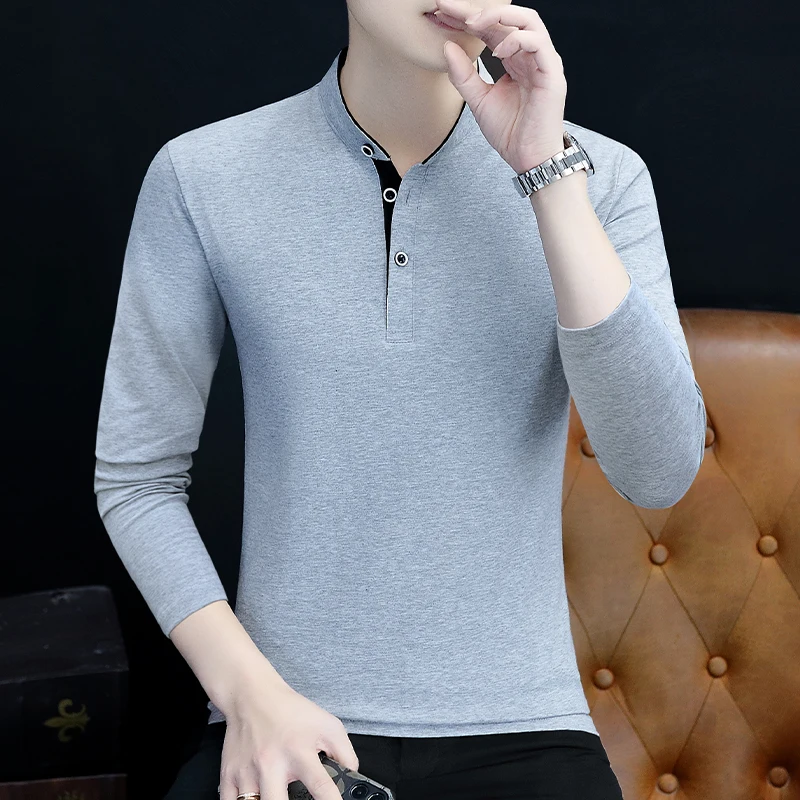 Autumn Men's Fashion Casual Base Long-Sleeved T-Shirt with Small Collar