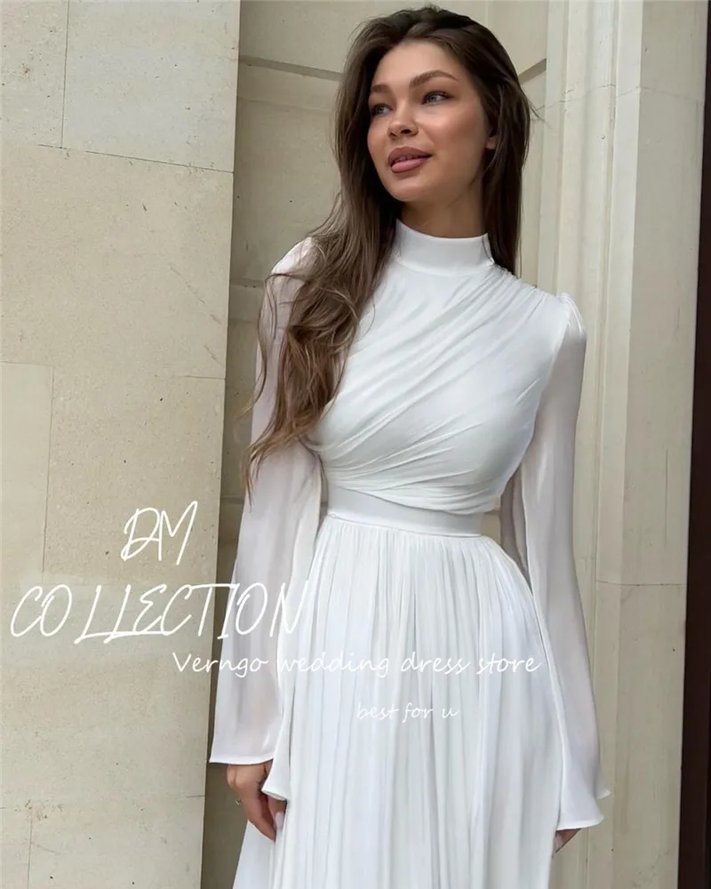 Verngo Vintage Simple A Line White Saudi Arabic Evening Party Dresses High Neck Long Sleeves Ankle Length Formal Prom Gowns