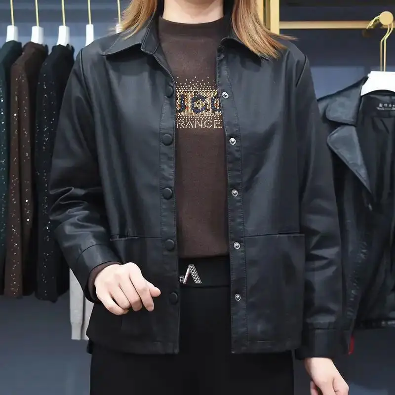 Spring Autumn Black Leather Jacket Women Lapel Single-Breasted Faux Leather Coat Short Top Design Clothes High-Quality Outerwear