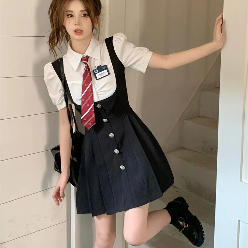 Women Dresses School Girls Button Draped Youthful Fresh Decent Summer Simple Tight Slim Classical Versatile American Style Retro