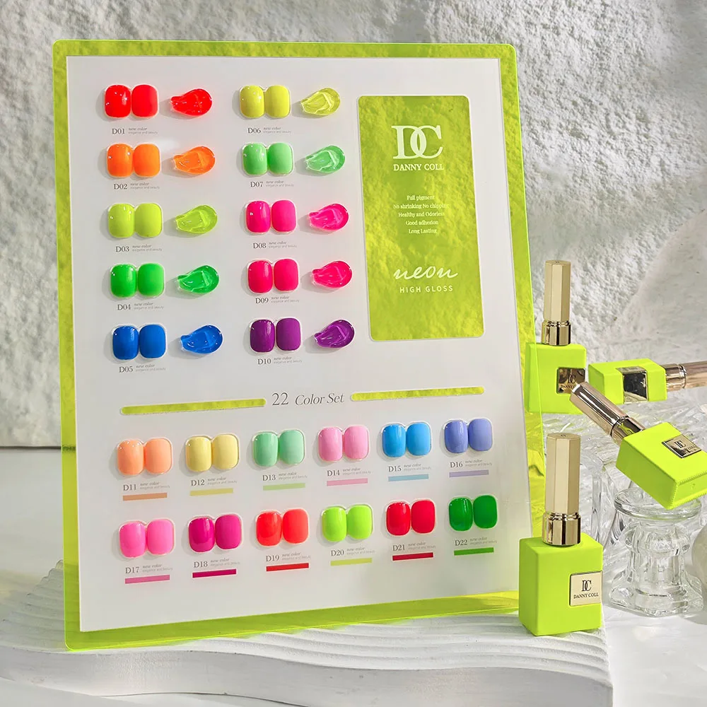 22-teiliges Gel-Nagellack-Set in fluoreszierenden Neon-Rot-Rosa-Farben mit Karte, helles Blau, Soak Off UV-LED-Nagelkunst-Lack, Maniküre-Set