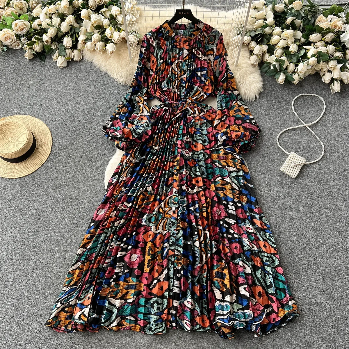 Women Print Long Dress Single Breasted Lantern Full Sleeve Round Neck A Line Dresses High Waist Folds Skirts Ladies Autumn