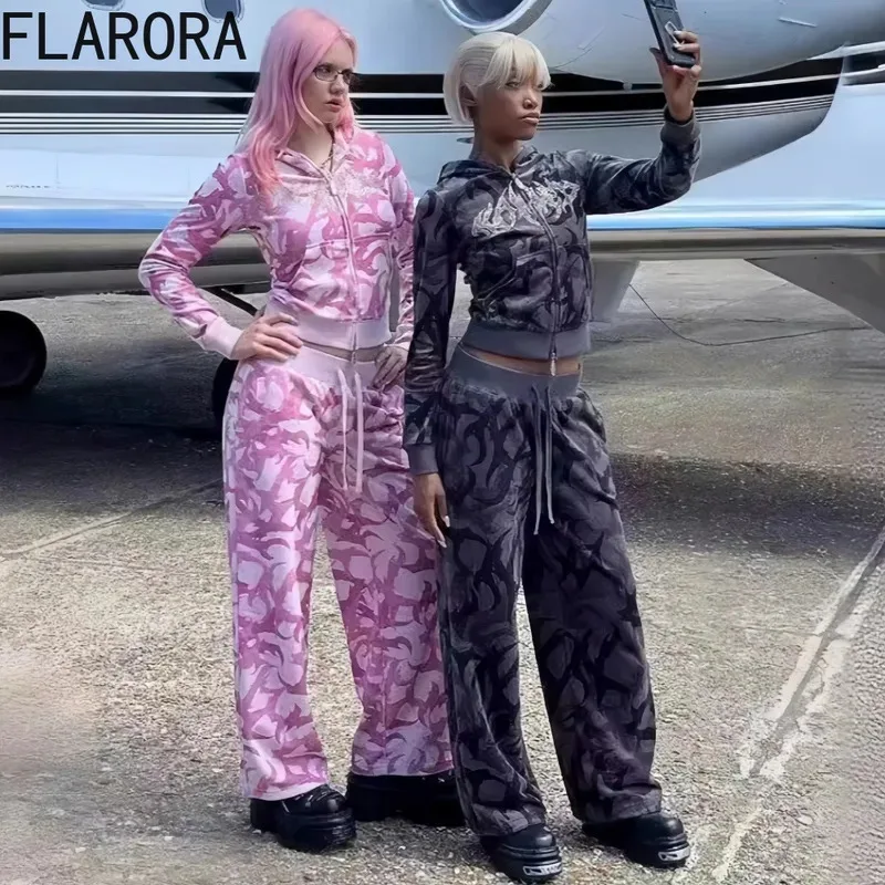 

FLARORA Autumn Y2k Print 2Piece Tracksuits Woman Rhinestones Graphics Hooded Zip Crop Tops And Drawstring Sweatpants Streetwear