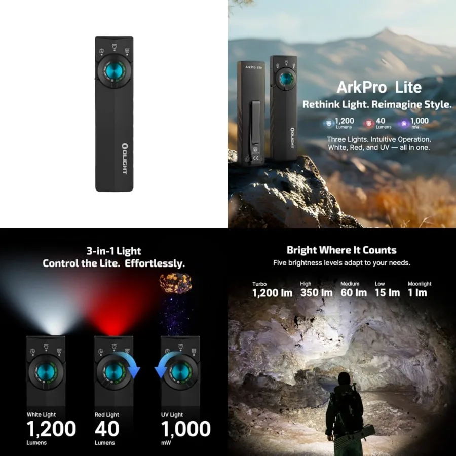 

ArkPro Lite Flat Pocket Flashlight, Rechargeable Portable 1200 Lumens with White LED, Red Light, and UV Light, Triple Sources f