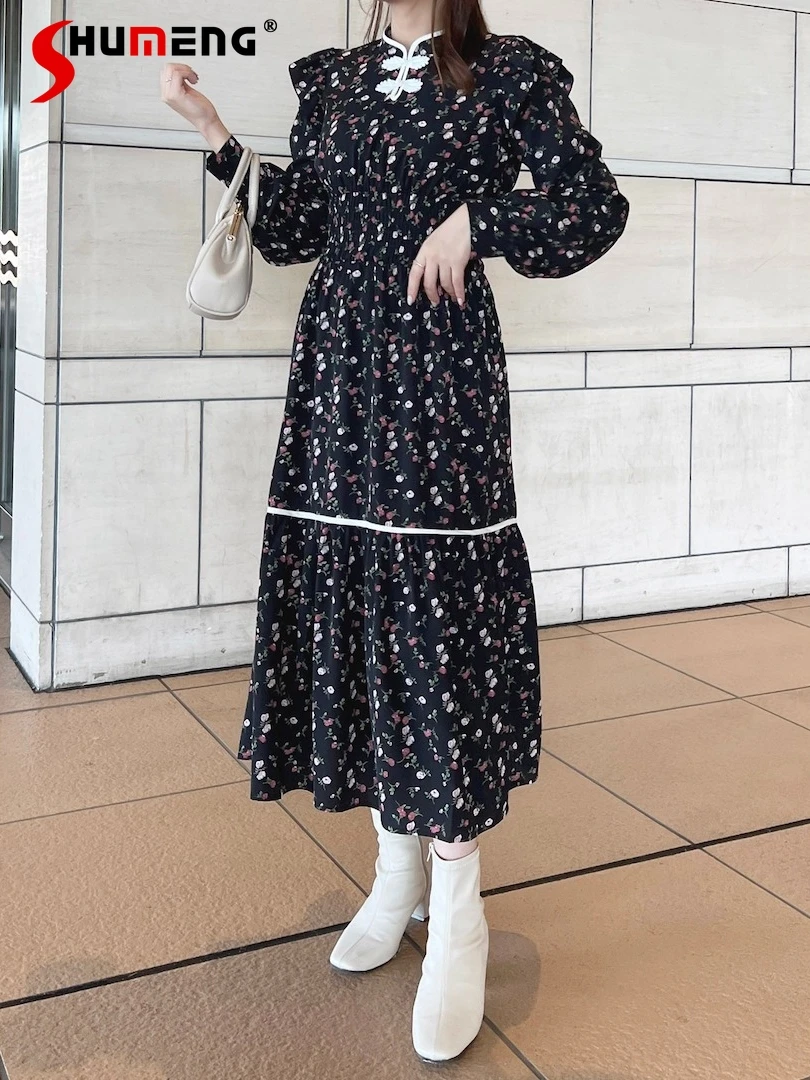 Chinese Style Knot Buckle Small Floral Dress for Women 2024 Spring New Sweet Elegance Long Puff Sleeve Slimming Waist Dresses