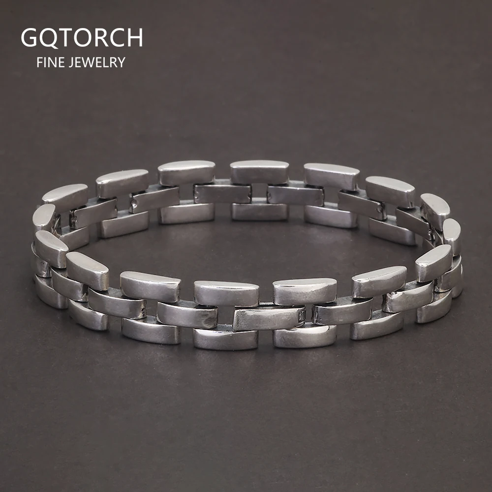 925 Sterling Silver Block Link Bracelet for Men Minimalist Retro Flat Bar Chain Brick Bracelet Handmade Jewelry