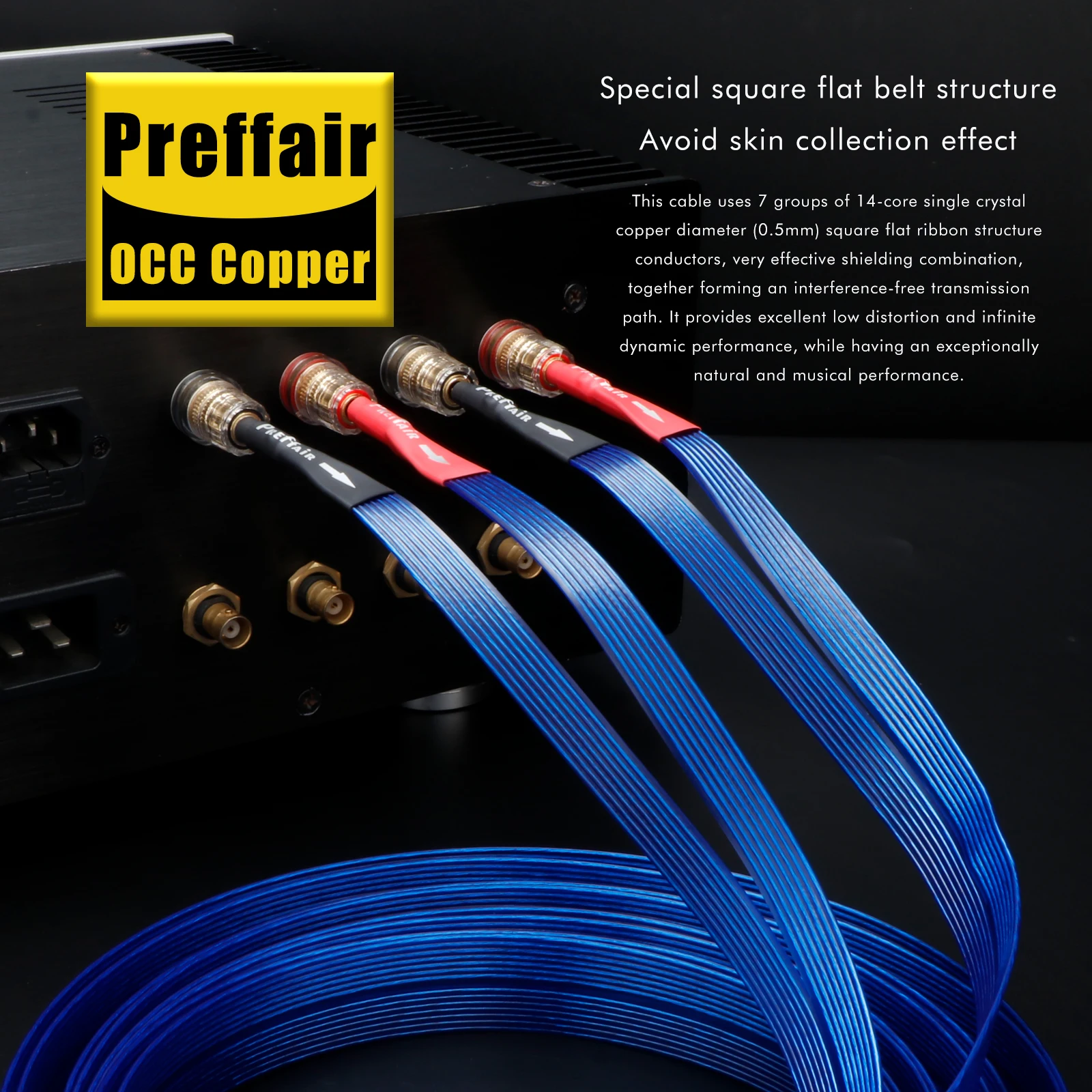 オーディオマニア向けブルースピーカーケーブル バナナ/Yスパッドケーブル 銀メッキOCCスピーカーフラットワイヤー アンプ、DVD、CD用