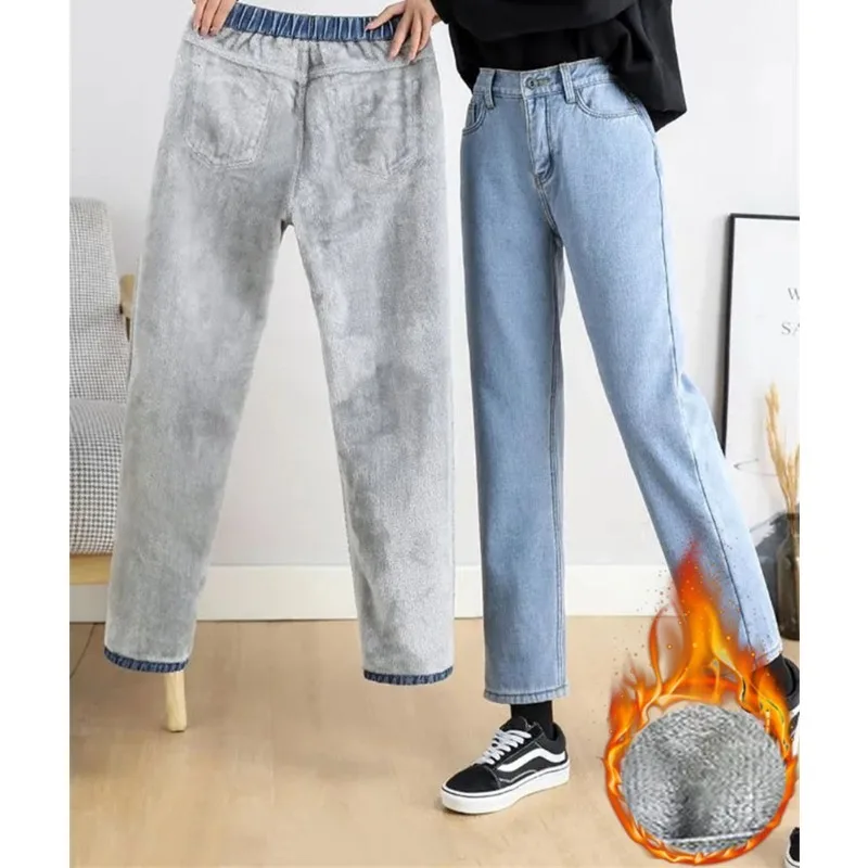 

Women Winter New High Waist Vaqueros Pantalones Warm Ankle-length Jeansy Vintage Velvet Lined Straight Denim Pants Baggy Jeans