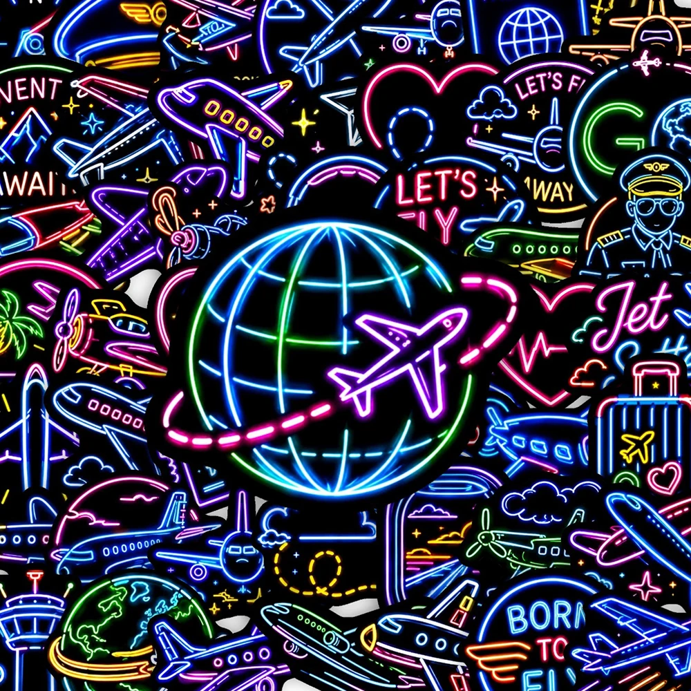 10/30/50pcs Neon Light Airplane Air Travel Stickers Funny Cartoon Sticker Decoration Skateboard Luggage Phone Cute Decals Toys