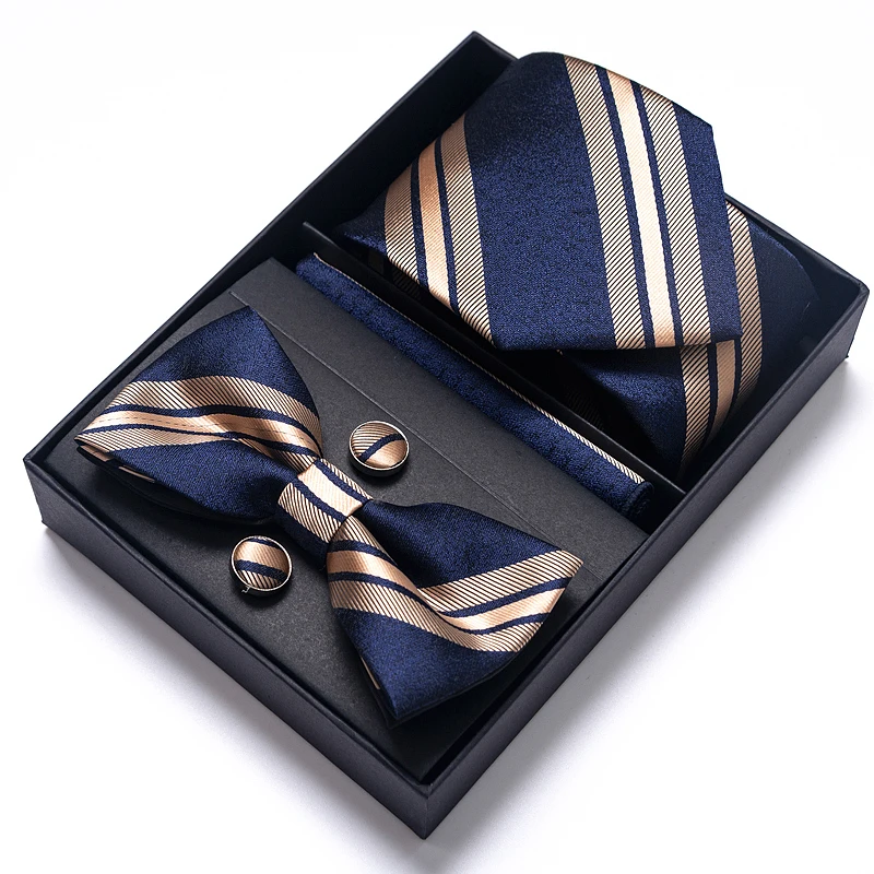 

100% Silk Luxury Gift Box Tie Handkerchief Pocket Squares Cufflink Set Gravata Blue Golden Stripe Man Birthday Present