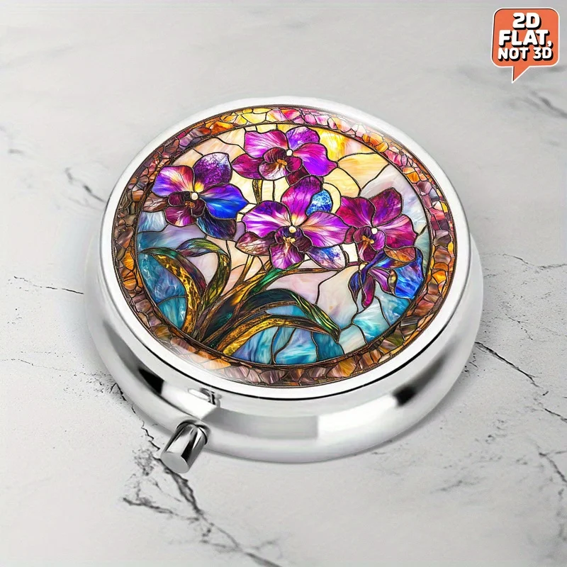 Single-piece flat portable round metal pill box, adorned with bright magenta and gold stained glass orchid patterns, elegantly stores medication or health supplements, suitable for travel and sports use, and can also serve as an exquisite gift for Thanksg