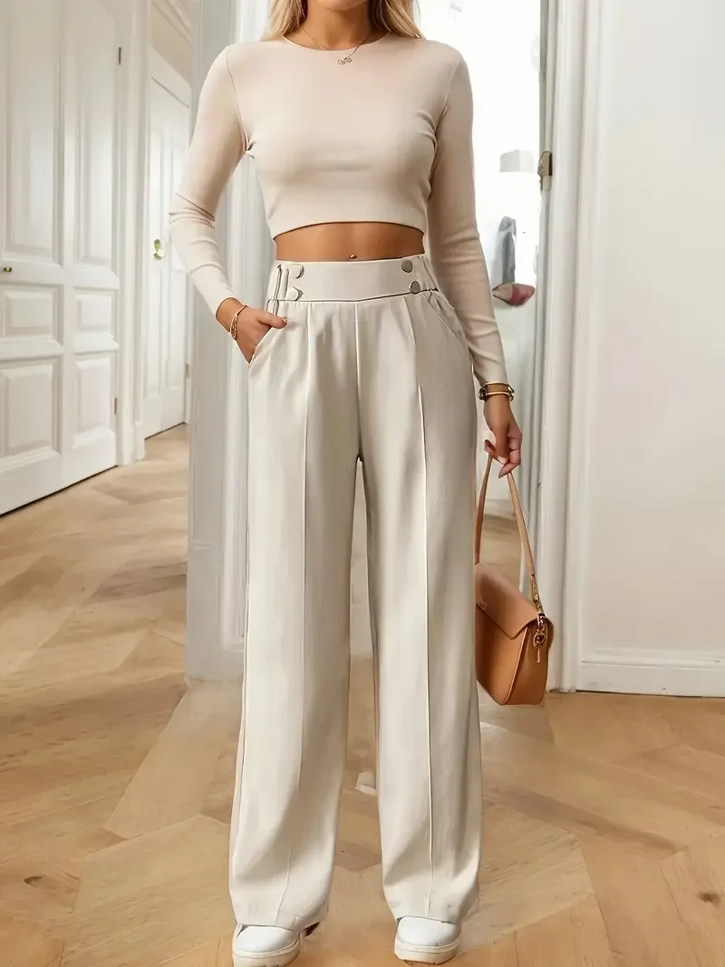 Women's High Waist Wide Leg Pants New Flowy Floor-Length Trousers, Minimalist Straight Fit Lounge Pants with Elastic Wais