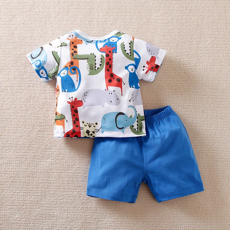 Summer Boys And Girls Cute Cartoon Animal Print  Comfortable Casual Short Sleeve Baby Top+Pants Two Piece Set