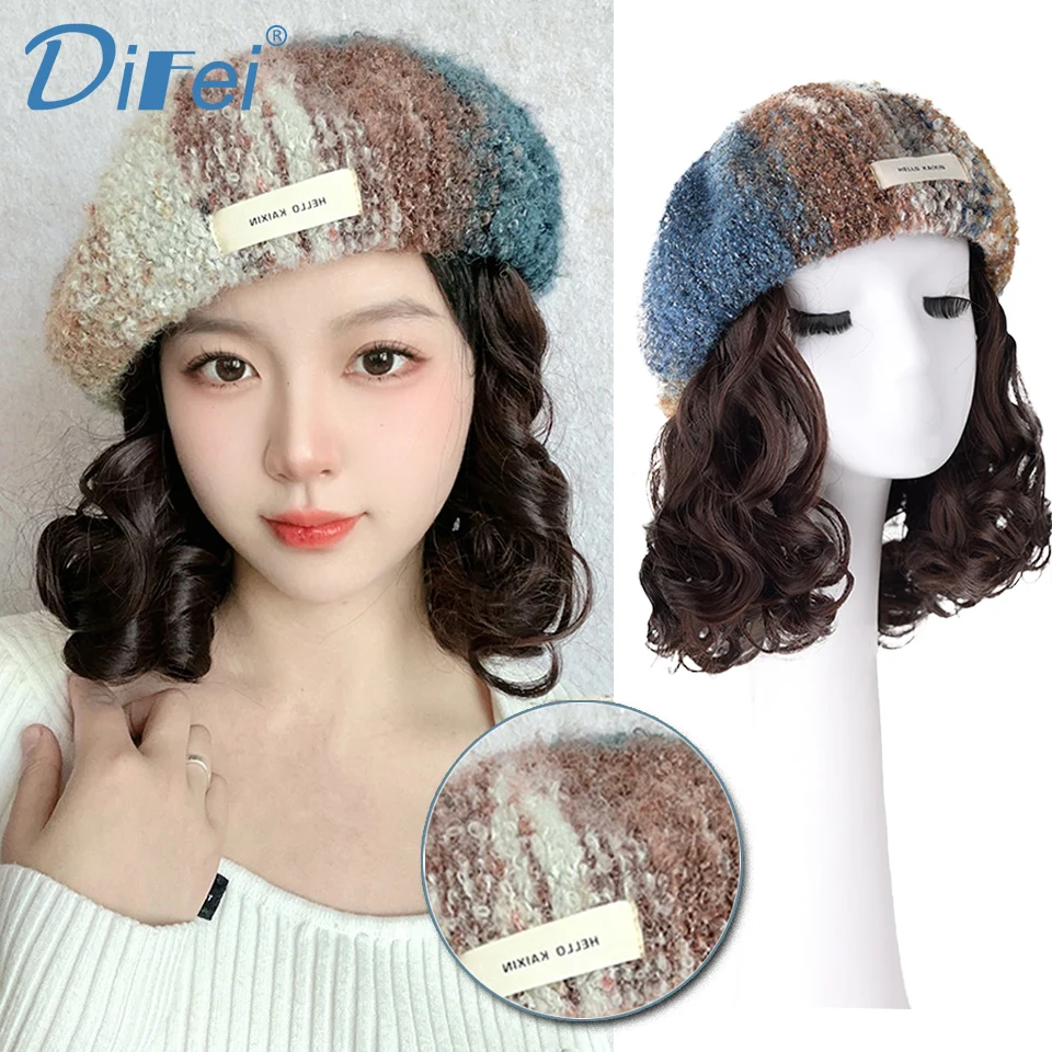 DIFEI Synthetic Wig Short Curly Hair Beret Covers White Hair And Increases Hair Oil Painting Style Beret Short Curly Hair Wig