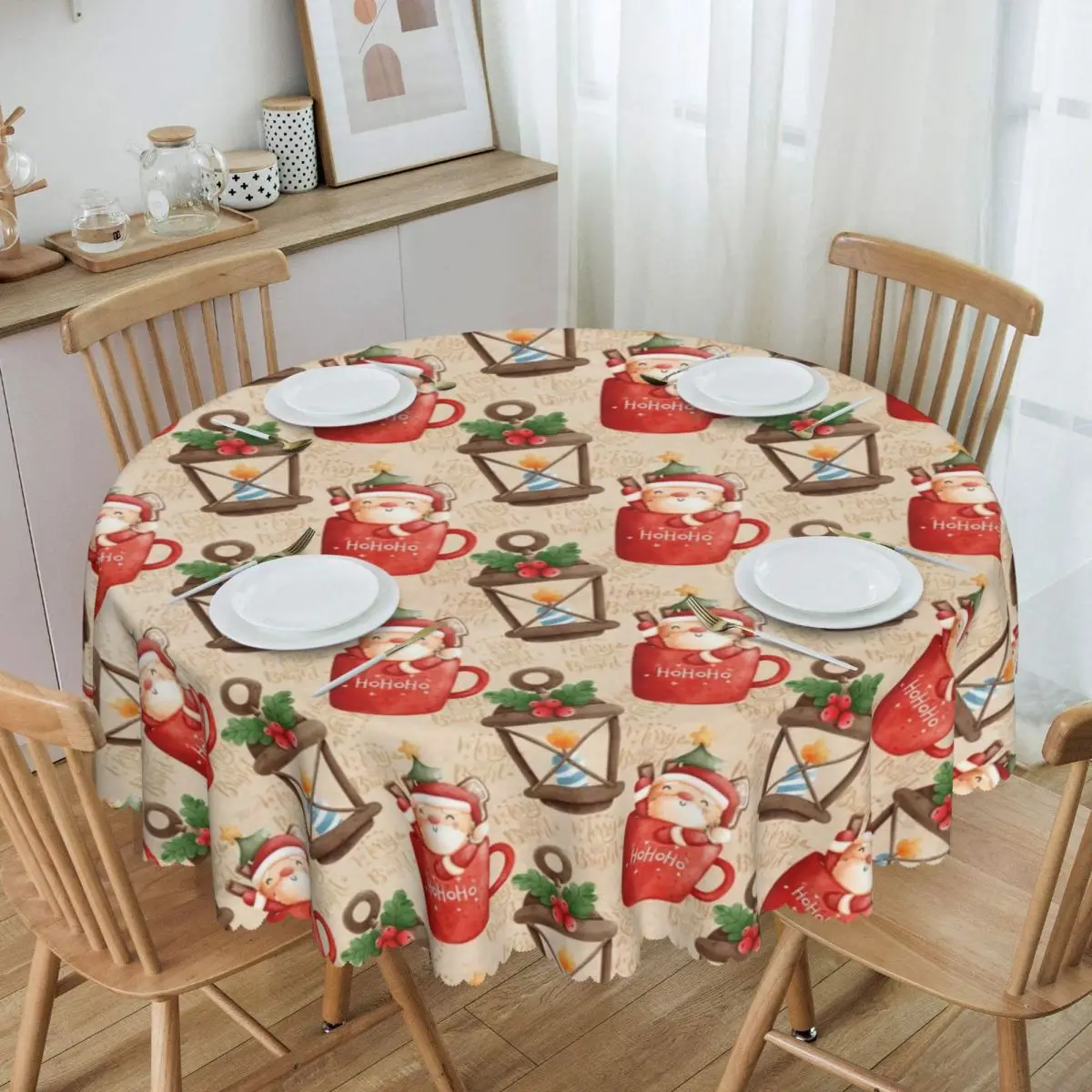 Custom Round Santa Claus Hoho Tablecloth 60 inch Kitchen Dinning Table Cloth Spillproof Merry Christmas Table Covers