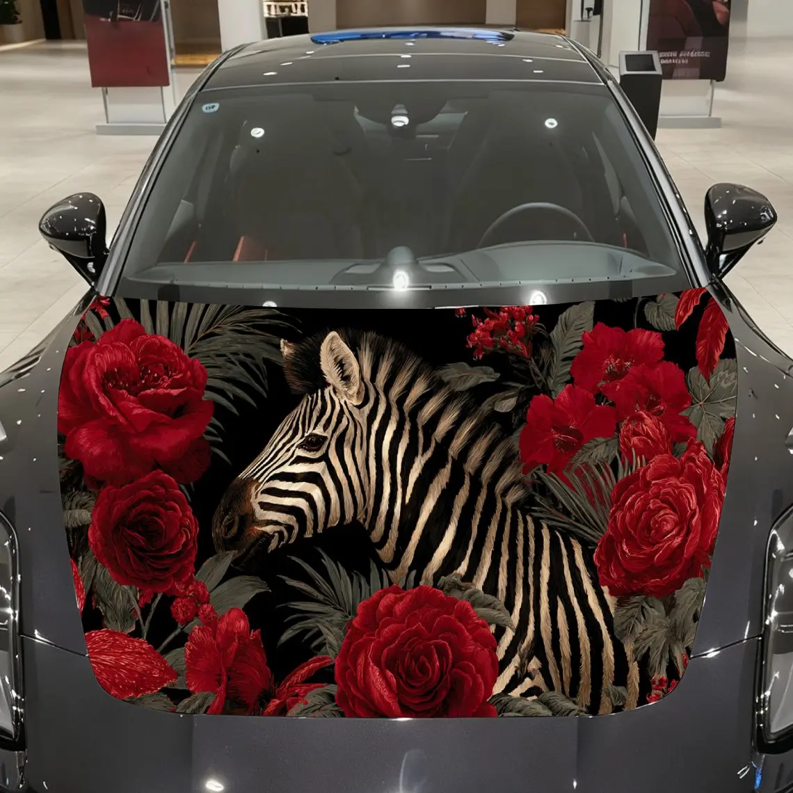 

Car Decal Zebras with Red Floral Artistic Background & Ferocious-Vivacious Aesthetic Car Hood Sticker, Waterproof Self - Adhesiv