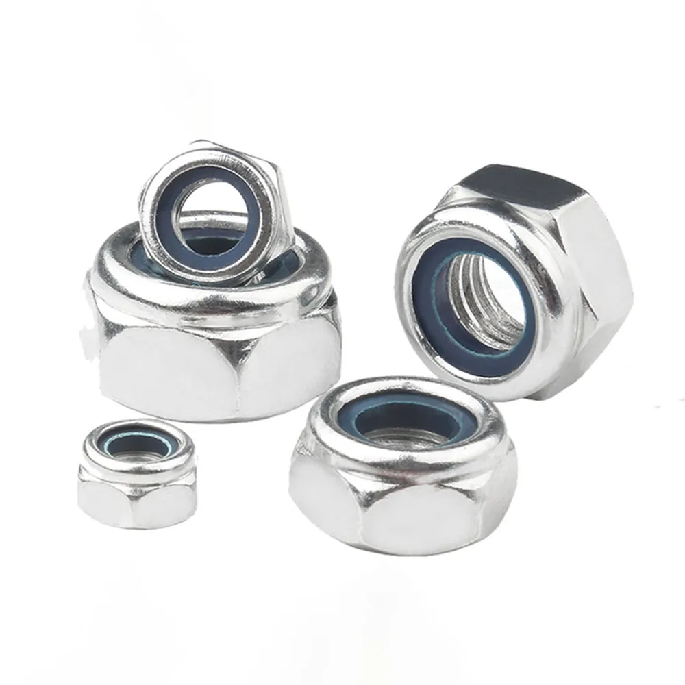 10/20 Stück 304 Edelstahl Sechskant-Nylon-Sicherungsmuttern M3 M4 M5 M6 M8 A2-70 Sechskant-Sechskant selbstsichernde Mutter Sicherungsmuttern Hardware-Zubehör