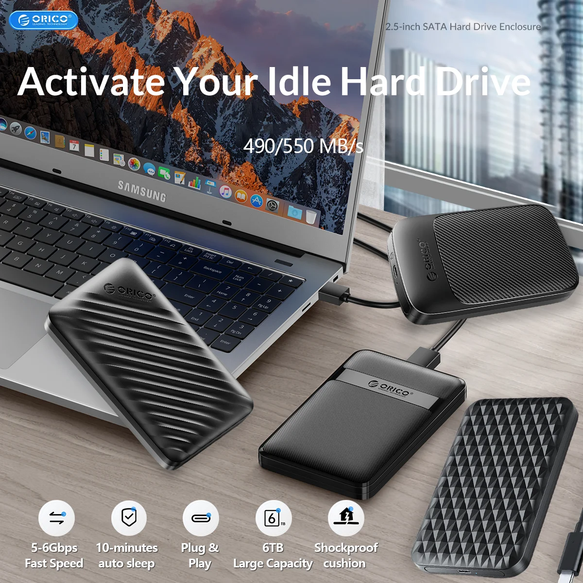 

ORICO 2577 2020 2520 2521 2.5-inch SATA Hard Drive Enclosure 6Gbps 6TB 550 MB/s Shockproof External HDD Case 10min Auto Sleep