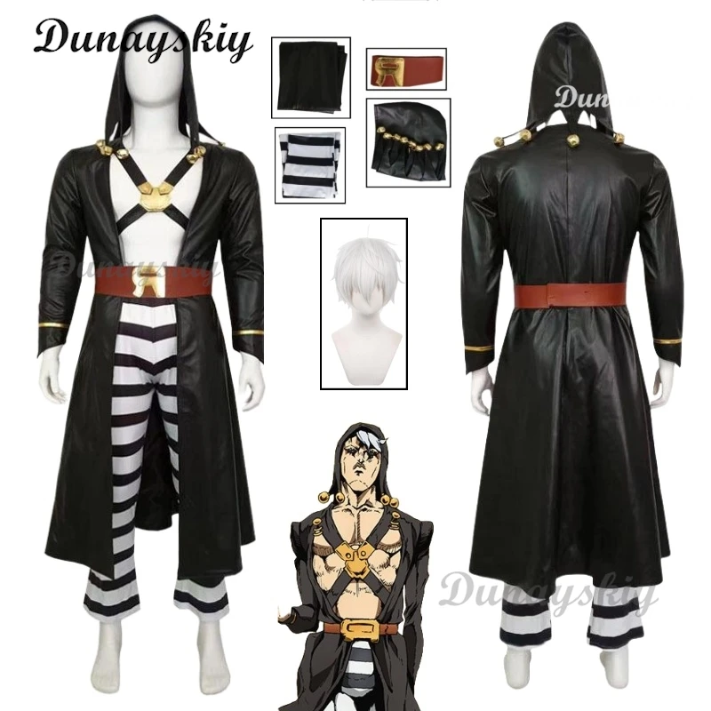 Disfraz de Cosplay de Risotto Nero Jojos Golden Wind, Peluca, Capucha, Pantalones de Gabardina de Aventura, Uniforme, Traje de Anime para Fiesta de Halloween