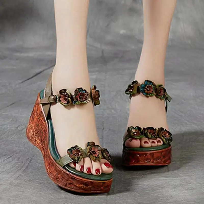 

Women Wedges Flower One Word Sandals Summer New Thick Sole Lightweight Non Slip Ethnic Style Buckle Strap High Heel Sandals