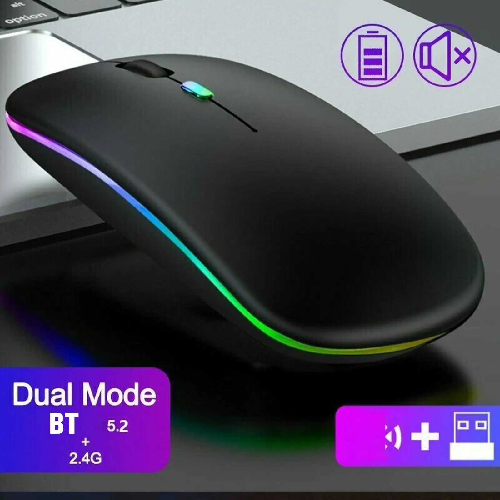 ワイヤレスマウス充電式サイレント LED バックライト付きマウス PC ラップトップコンピュータマウス 2.4Ghz レシーバー Bluetooth デュアルモード光学式マウス