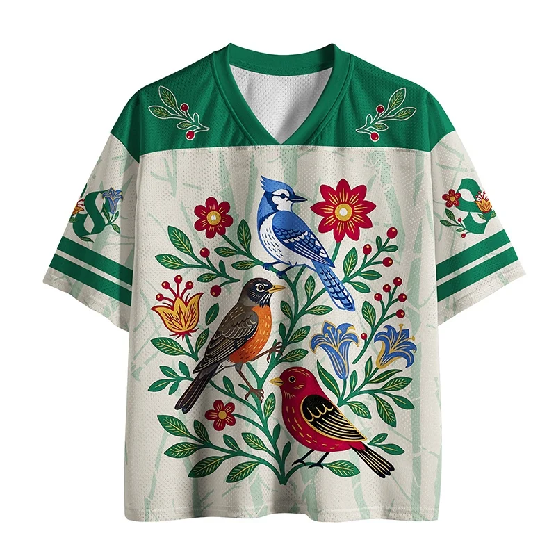 Mesh-Jersey-T-Shirt mit Retro-Folk-Blumendruck, V-Ausschnitt, kurzärmelig, Blue Jay Robin, Red Bird, Pflanze, Blume, für Erwachsene und Kinder – Detail 2