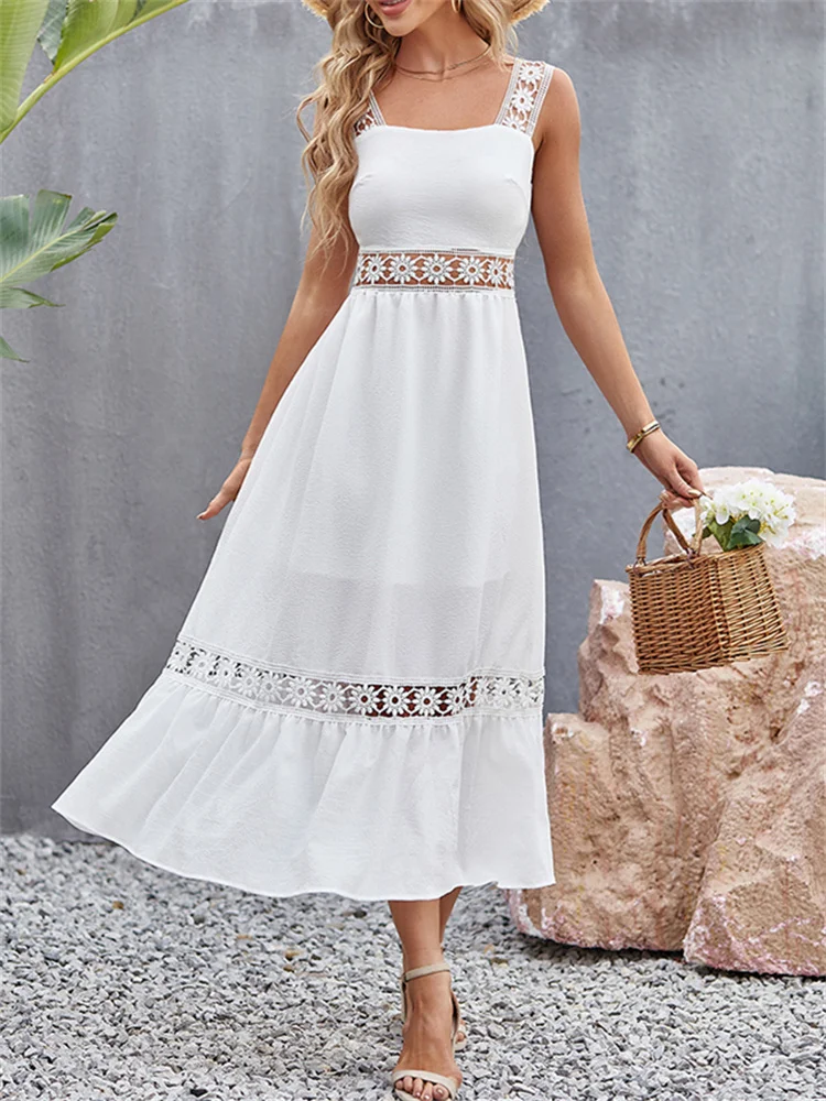 Summer Dress for Women Boho White Dress Female Sexy Hollow Out Sleeveless Midi Dress Lady Off Shoulder Elegant Beach Long Dress