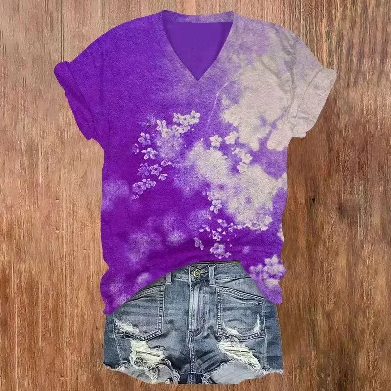 Vintage Crape Myrtle Flower Art Print V-neck T-shirt Summer Women's T Shirts view 5
