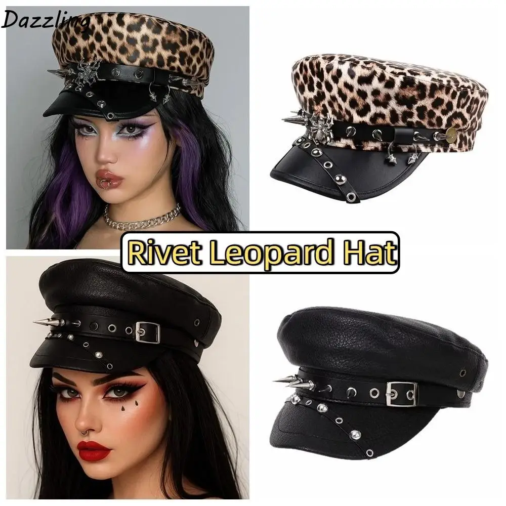 

Fashion Hip-hop Rivet Leopard Hat Harajuku Punk Y2k Beret Hat Personalized Pu Leather Flat Top Cap for Girls