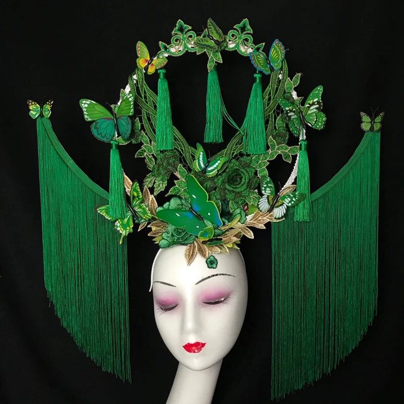 

Model creative catwalk green fringe stage exaggerated personality Internet celebrity photo modeling Mori female headdress