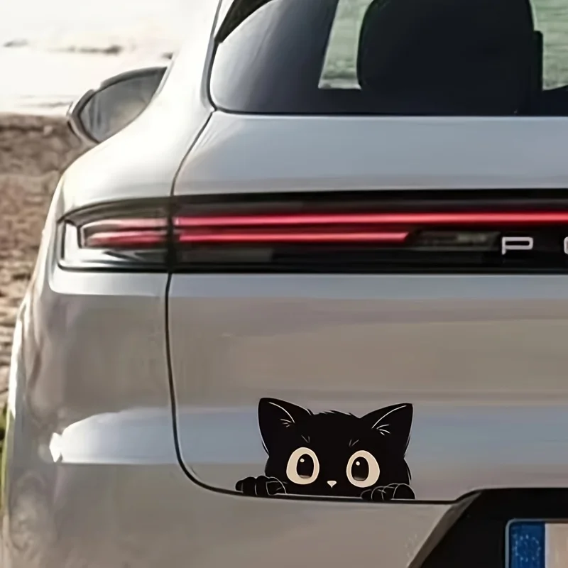 قطعة واحدة من ملصقات القطة السوداء ذات العين الواسعة، شارات فينيل مقاومة للخدش للدراجات النارية/مصدات السيارة - ملصقات ديكور جسم السيارة