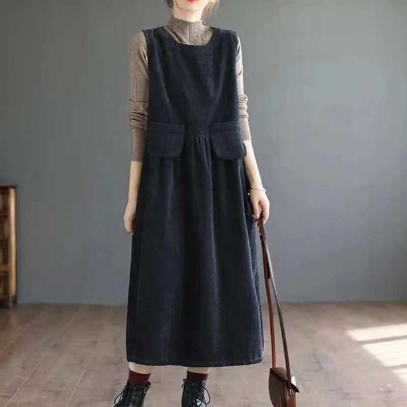 Clothes for Women Japanese Style Vintage Corduroy Streetwear Y2K Midi Dress Autumn Winter O Neck Solid Sleeveless Loose Dresses