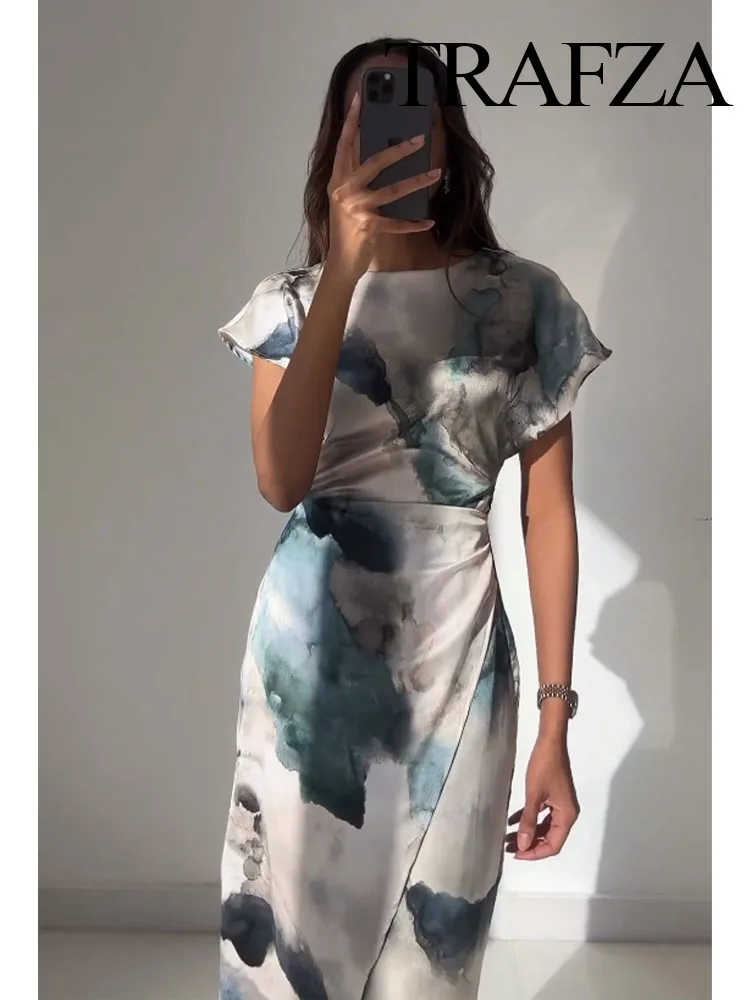 TRAFZA Women Vintage Tie Dye Print Short Sleeve Party Midi Dress Female Elegant O-Neck Back Zipper Silk Texture Evening Dresses