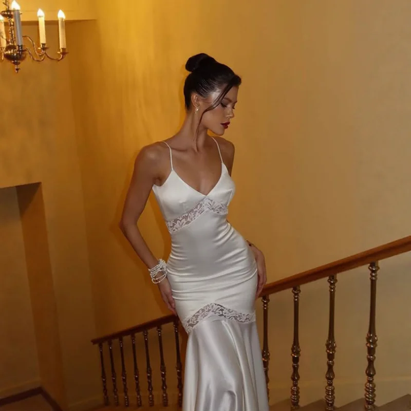 

Женское элегантное тонкое длинное платье, однотонное вечернее платье с кружевным лоскутным ремешком во французском стиле