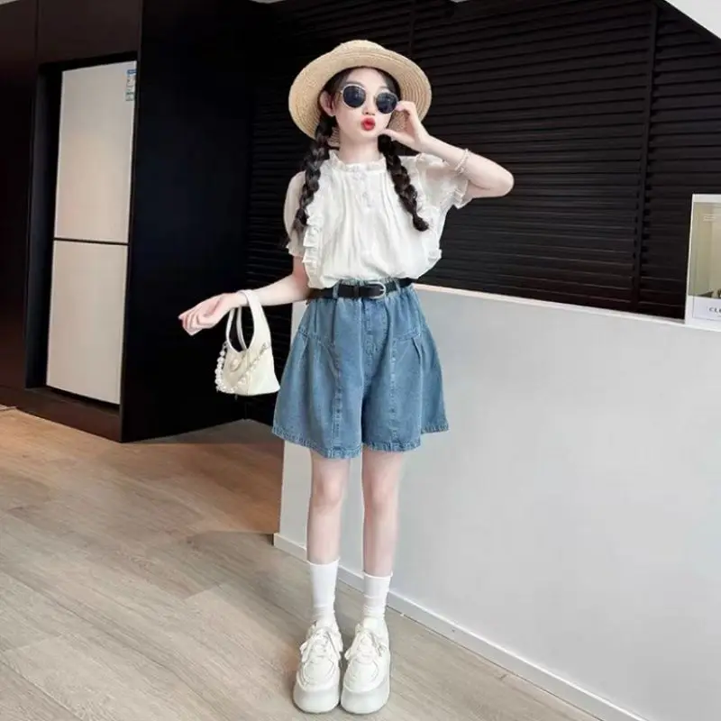 

2025Girls' Summer New High-End Short Sleeve Doll Shirt and Denim Skirt Two-Piece Set
