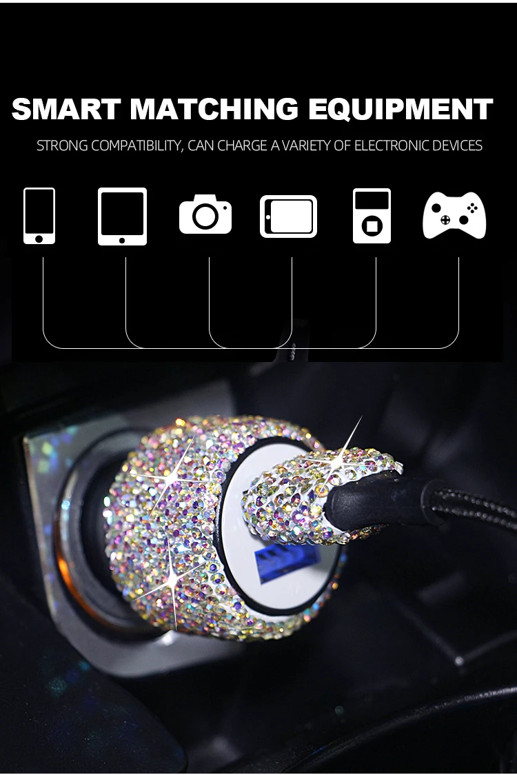 Dual Port Bling USB Car Charger Crystal Diamond 3A 3 in1 Fast Charger Cord Socket Multiport Adapter Glitter Decoration Plug