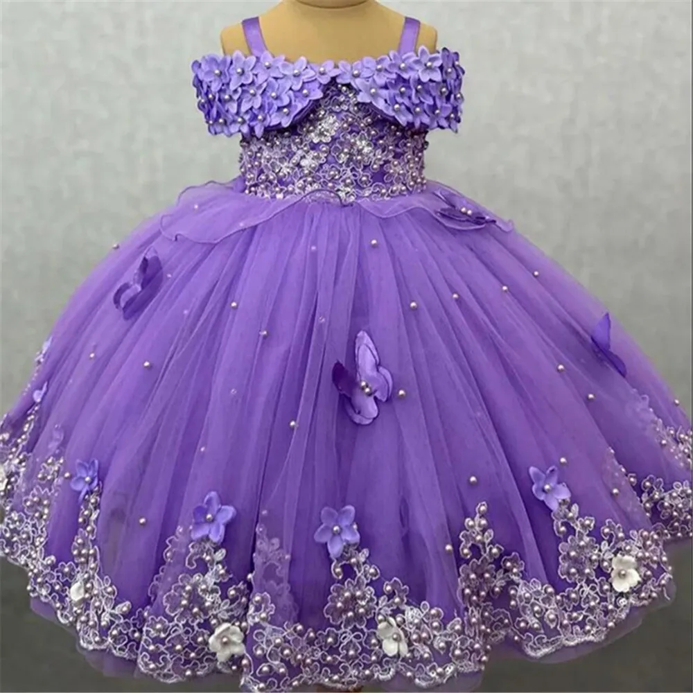 Vestidos para niñas pequeñas con hombros descubiertos, perlas, encaje, mariposas, vestido de niña de flores, vestido de fiesta de primer cumpleaños infantil