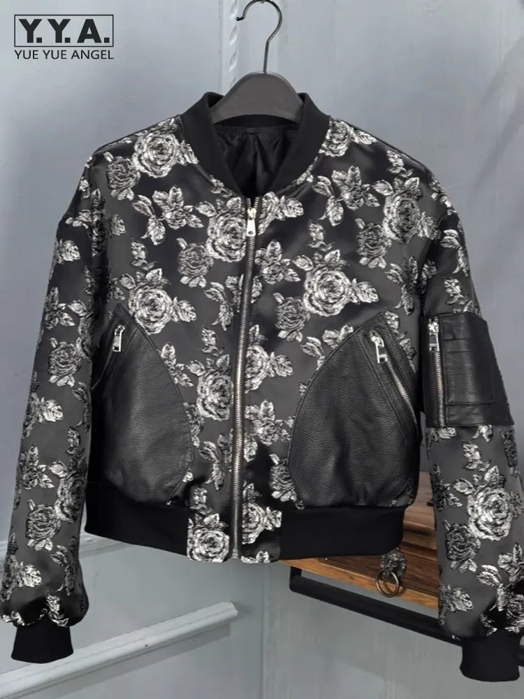 

Vintage Women Floral Printed Bomber Jacket Loose Fit Stand Collar Zipper Pockets Casual Coat Spliced Sheepskin Genuine Leather