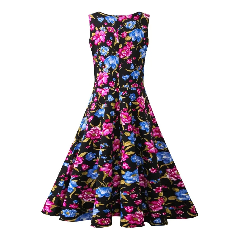 Hepburn Style Floral Printing Vintage Summer Dress New Women Sleeveless Large Swing Sexy Party Dress Plus Size S-3XL