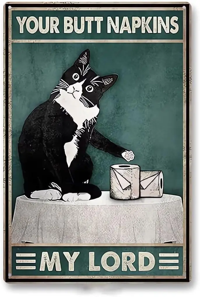 Funny Black Cat Poster Pictures Wipe Sign Accessories- Your Napkins My Lord,Cat Wall Decor Items Gifts for Cat Lovers,Vintage Cu