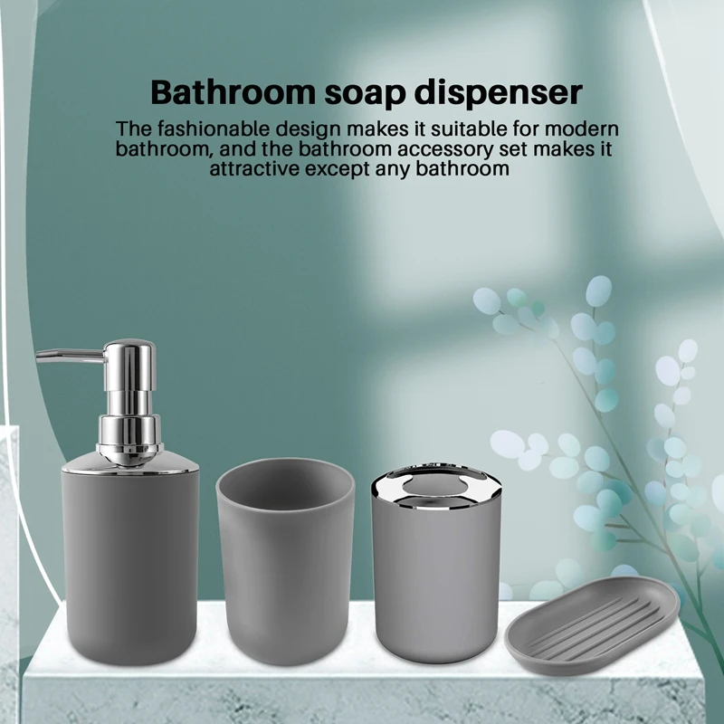 مجموعة ملحقات الحمام البلاستيكية المكونة من 4 قطع، مجموعة ملحقات فرشاة المرحاض للحمام مع حامل فرشاة الأسنان، كوب فرشاة الأسنان (رمادي) - A73M