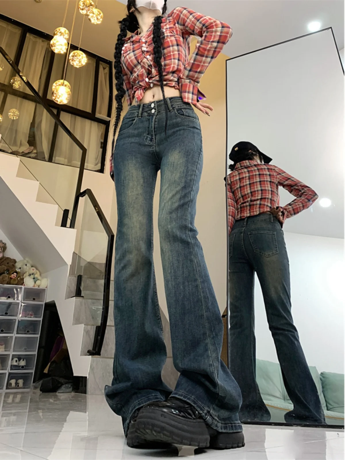 حجم كبير Fce اصطف متوهج الجينز المرأة عالية الخصر مطاطا التخسيس Bootcut الدنيم السراويل ملابس شتوية القطن تمتد الدنيم