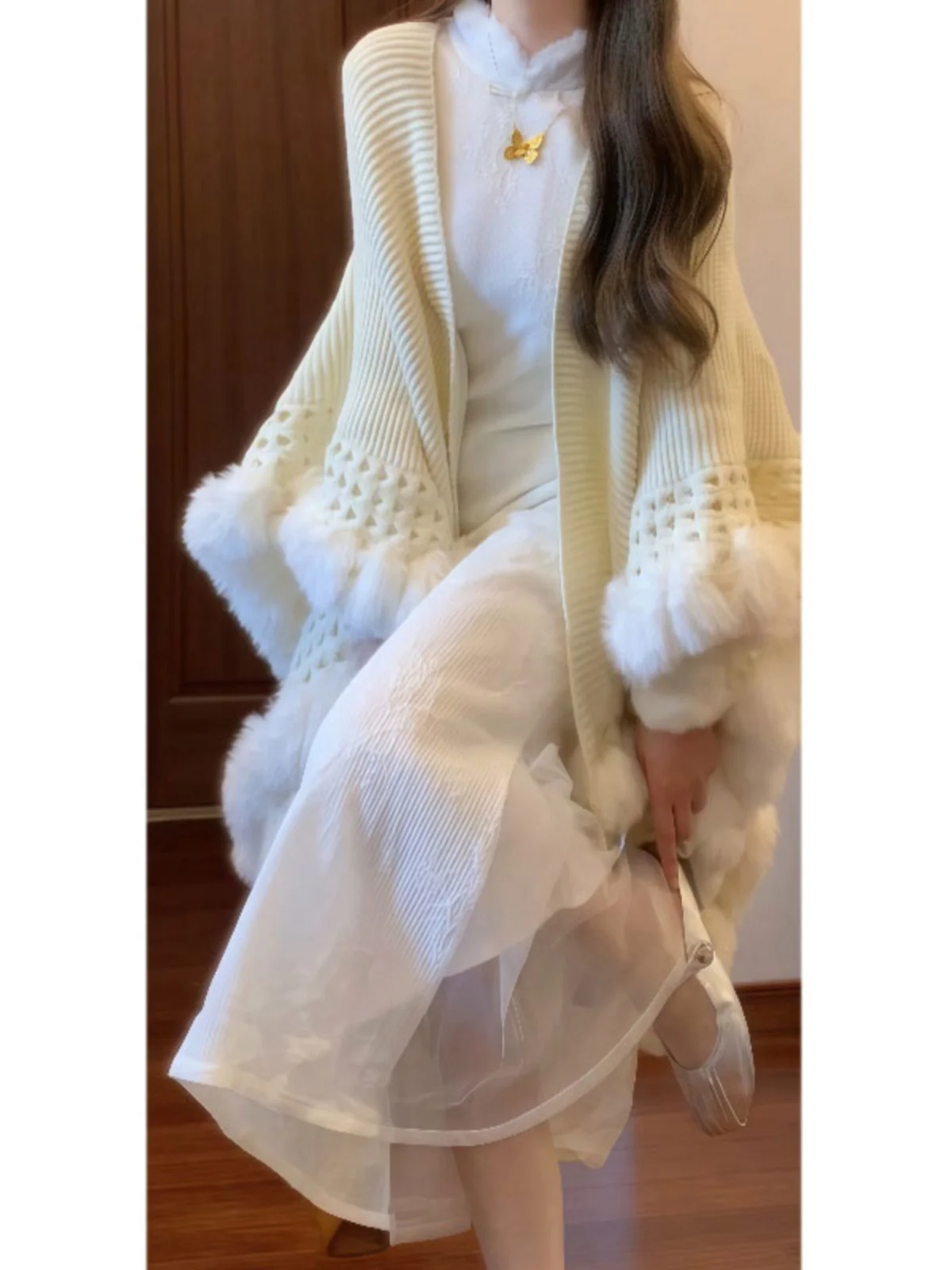 

New Chinese Style Qipao Dress Thickened Knitted Shawl Two-Piece Set Comfortable Long Sleeve Cotton Suit for Women Autumn Wear