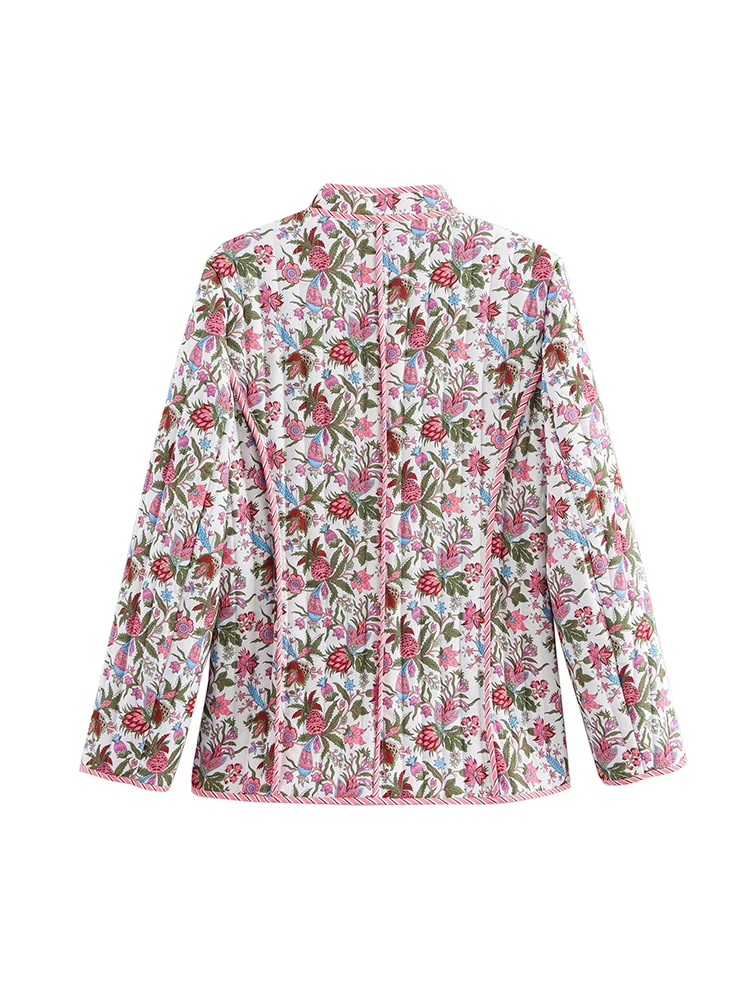 2024 autumn new women\'s retro floral print stand collar long sleeve pocket decoration quilted cotton jacket