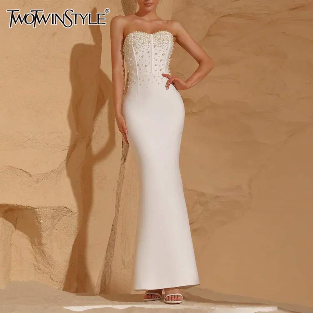 

TWOTWINSTYLE Solid Slimming Spliced Pearl Elegant Dresses for Women Strapless Sleeveless Tunic Temperament Dress Female Clothing