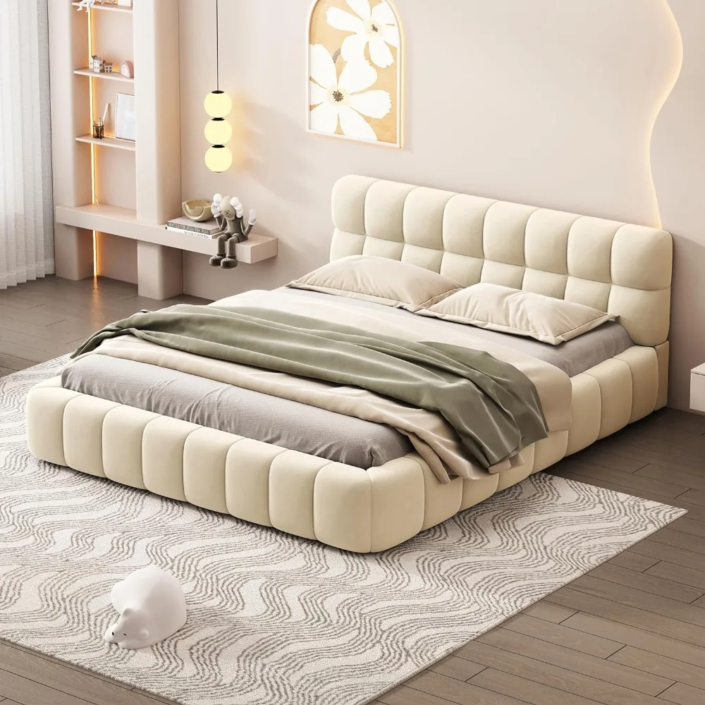 

Modern Queen Upholstered Bed Frame with Wingback, Linen Low Plattform Bed, No Box Spring Needed Beige