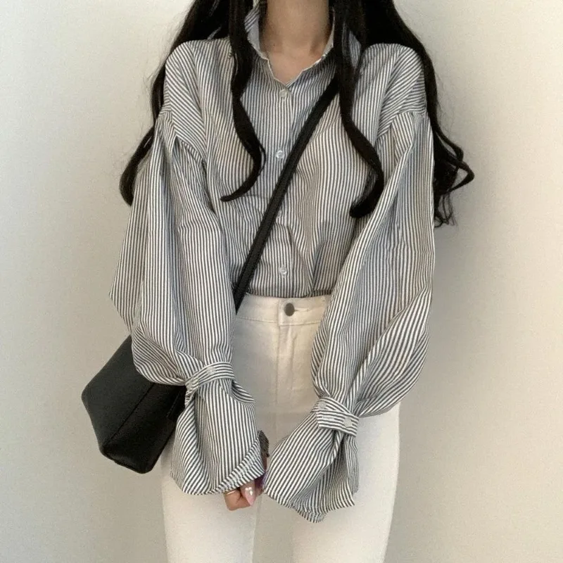 

Shirts Women Fashion Gentle Office Ladies Chic All-match Baggy Mujer Blusas Vintage Striped Korean Style Long Sleeve Temperament