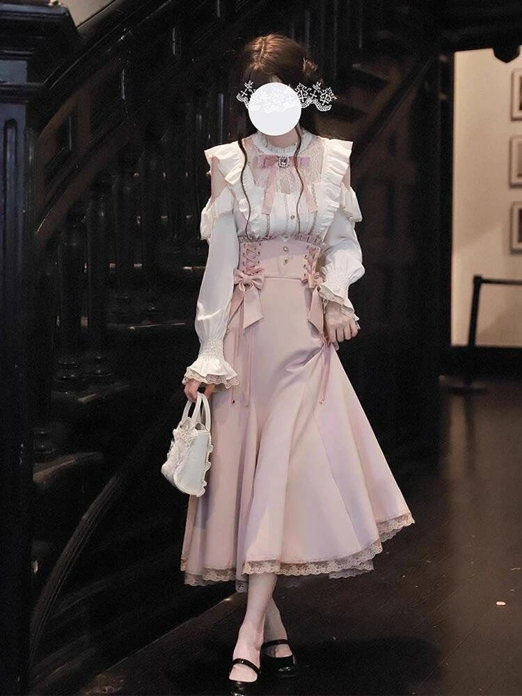 Lolita Style Japanese Sweet 2 Piece Set Woman Sweet Casual Bow Shirt High Waist Elegant Slim Midi Skirt Fashion Lace Skirt Set