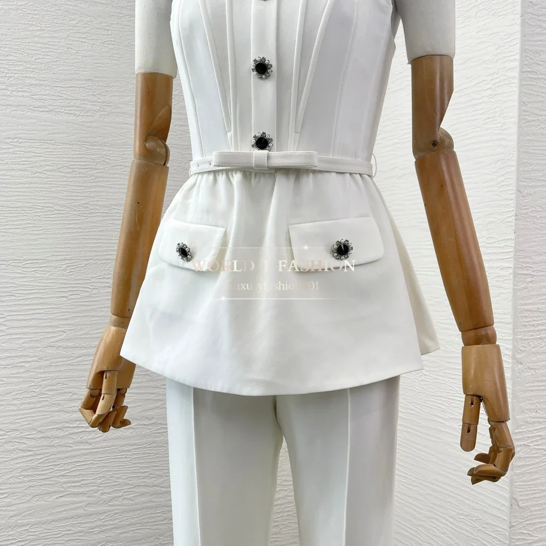 ホワイト ノースリーブ ダイヤモンド ラペル カットアウト ウエスト ミディ ドレス 2025