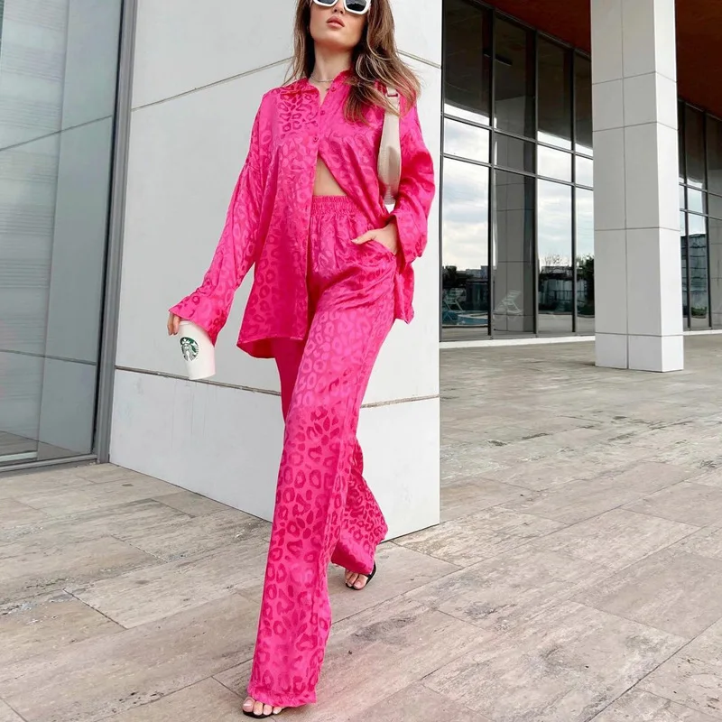 Fashion Leopard Print Suit For Women Elegant Lapel Long Sleeved Shirt Elastic Waist Wide Leg Pants Two Piece Set 2024 Autumn New